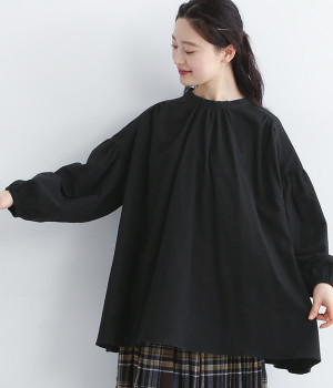 コットンネル起毛パフスリーブプルオーバー(ブラック-L)