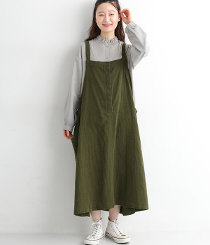 コットンリネン接結ジャンパースカート(カーキ-ONESIZE)