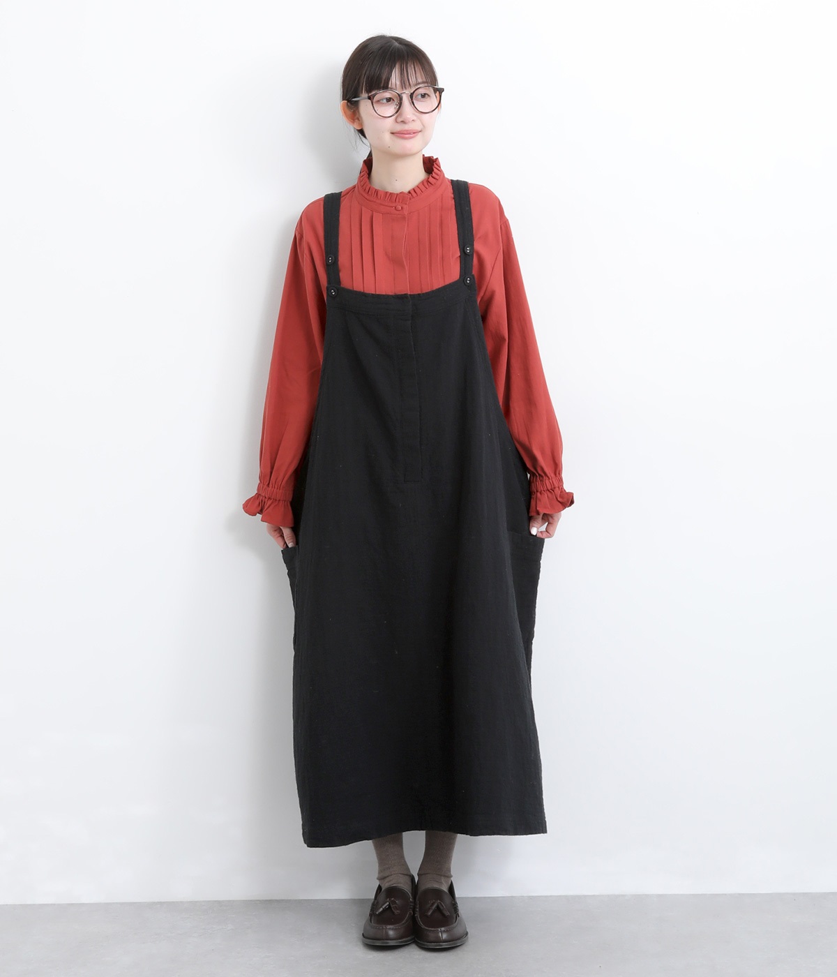 コットンリネン接結ジャンパースカート(ブラック-ONESIZE)