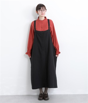 コットンリネン接結ジャンパースカート(ブラック-ONESIZE)