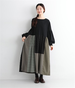 別注｜パッチワーク使い切替ワンピース(ブラック-L)