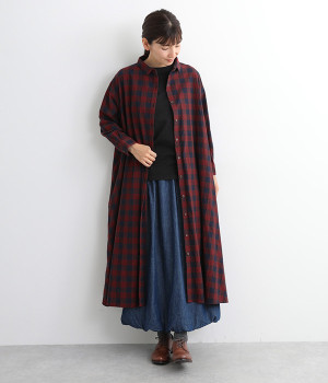 コットンブロックチェックシャツワンピース(レッド-L)