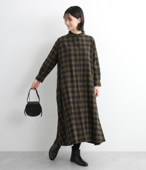 コットンブロックチェックシャツワンピース(カーキ-L)