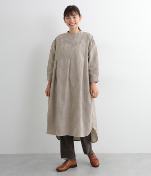 コットンリネン刺し子サイドスリットワンピース(ベージュ-L)