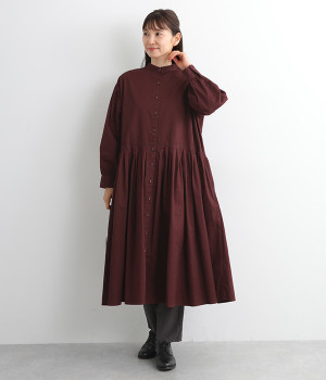 コットンハイカウントチノノーカラー前あきワンピース(ボルドー-L)
