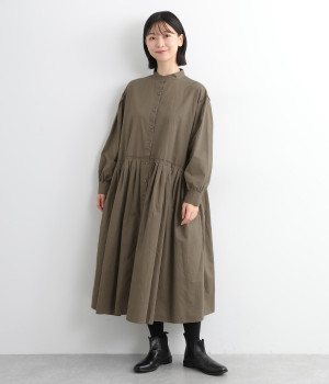 コットンハイカウントチノノーカラー前あきワンピース(カーキ-L)