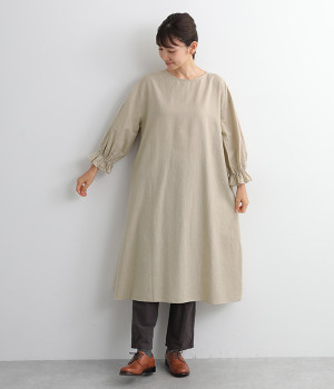 コットンリネンオックス2WAY袖ギャザーワンピース(キナリ-L)