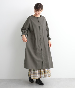 コットンリネンオックス2WAY袖ギャザーワンピース(チャコール-L)