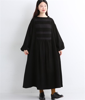 コットンオックス 前レースギャザーワンピース(ブラック-L)