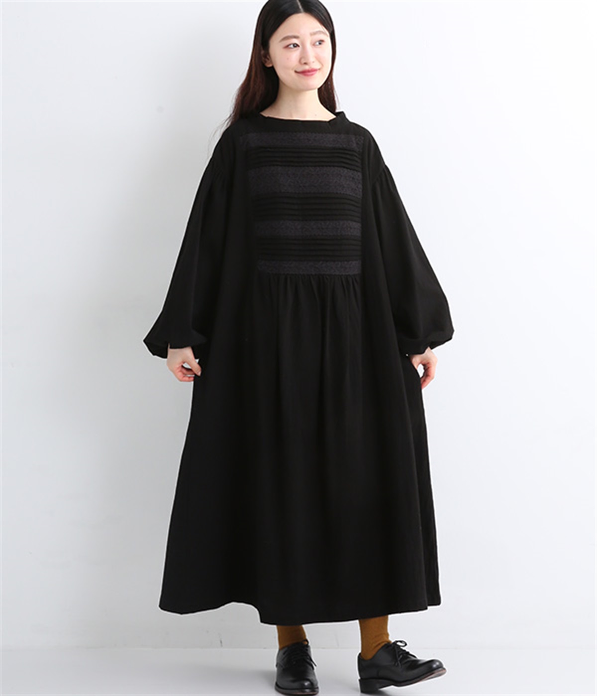 コットンオックス 前レースギャザーワンピース(ブラック-M)