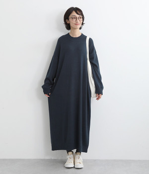 クルーネックロングニットワンピース(ネイビー-L)