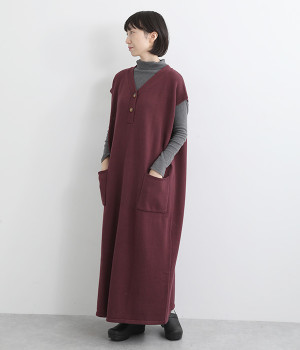 Vネックニットノースリーブワンピース(ボルドー-L)