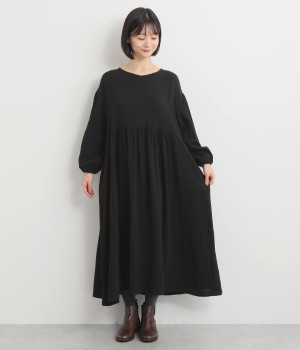 コットンダブルガーゼ ウエスト切り替えギャザーワンピース(ブラック-L)