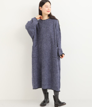 3G配色ステッチニットワンピース(ネイビー-L)