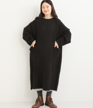 3G配色ステッチニットワンピース(ブラック-M)