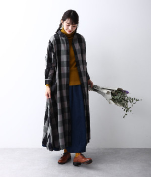 コットンビエラブロックチェックシャツワンピース(グレー-L)
