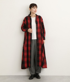 コットンビエラブロックチェックシャツワンピース(レッド-L)