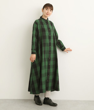 コットンビエラブロックチェックシャツワンピース(グリーン-L)