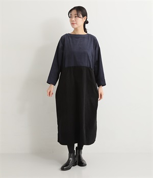 別注｜コーデュロイ配色ワンピース(ネイビー×ブラック-L)
