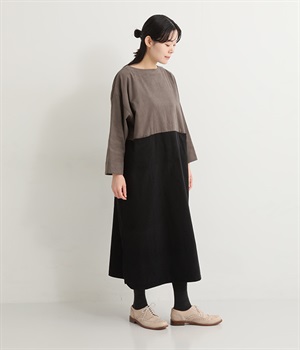 別注｜コーデュロイ配色ワンピース(チャコール×ブラック-L)
