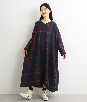ウインドウペン起毛ワンピース(ネイビー-L)