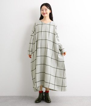 ウインドウペン起毛ワンピース(グレー-L)