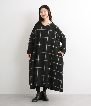 ウインドウペン起毛ワンピース(ブラック-L)