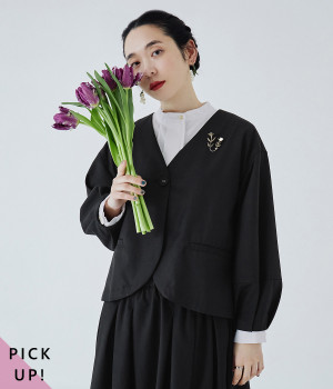 袖タックスリーブジャケット(ブラック-M)