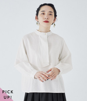 別注｜コットンリネンボウタイブラウス(オフホワイト-L)