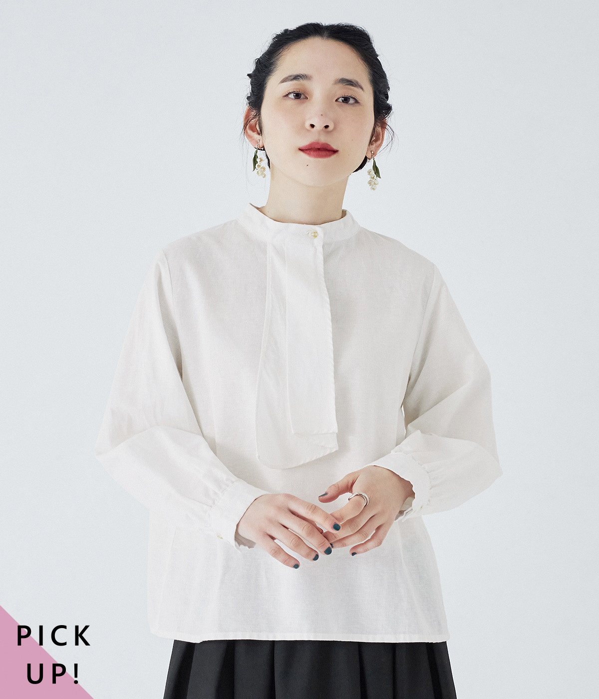 コットンリネンボウタイブラウス(オフホワイト-M)