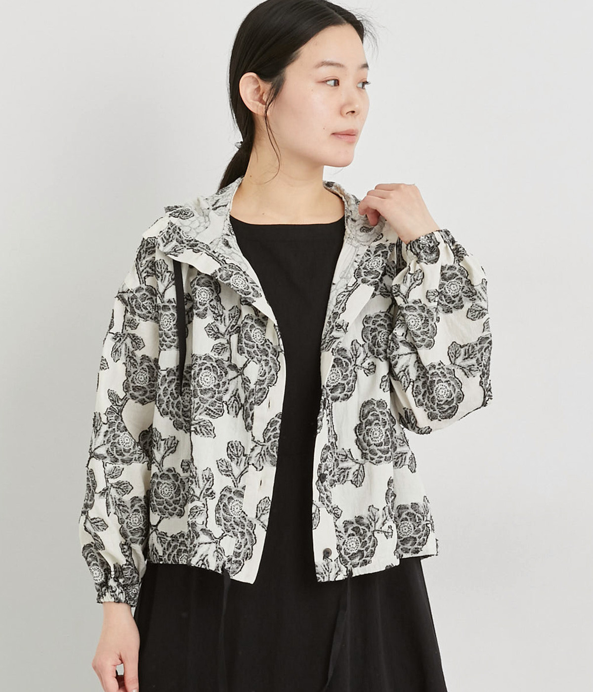 コットンジャカードフードジャケット(クロ-M)