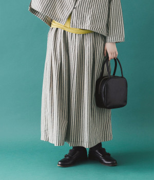 コットンリネン混ストライプフレアワイドパンツ(ベージュ-L)