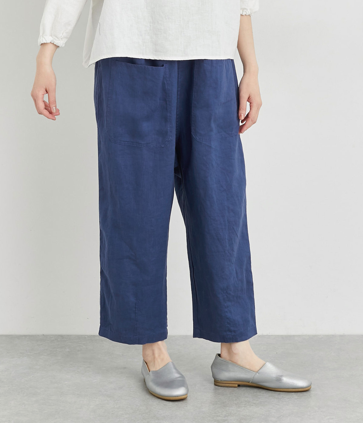 リネンオックスリラックステーパードパンツ(ブルー-M)