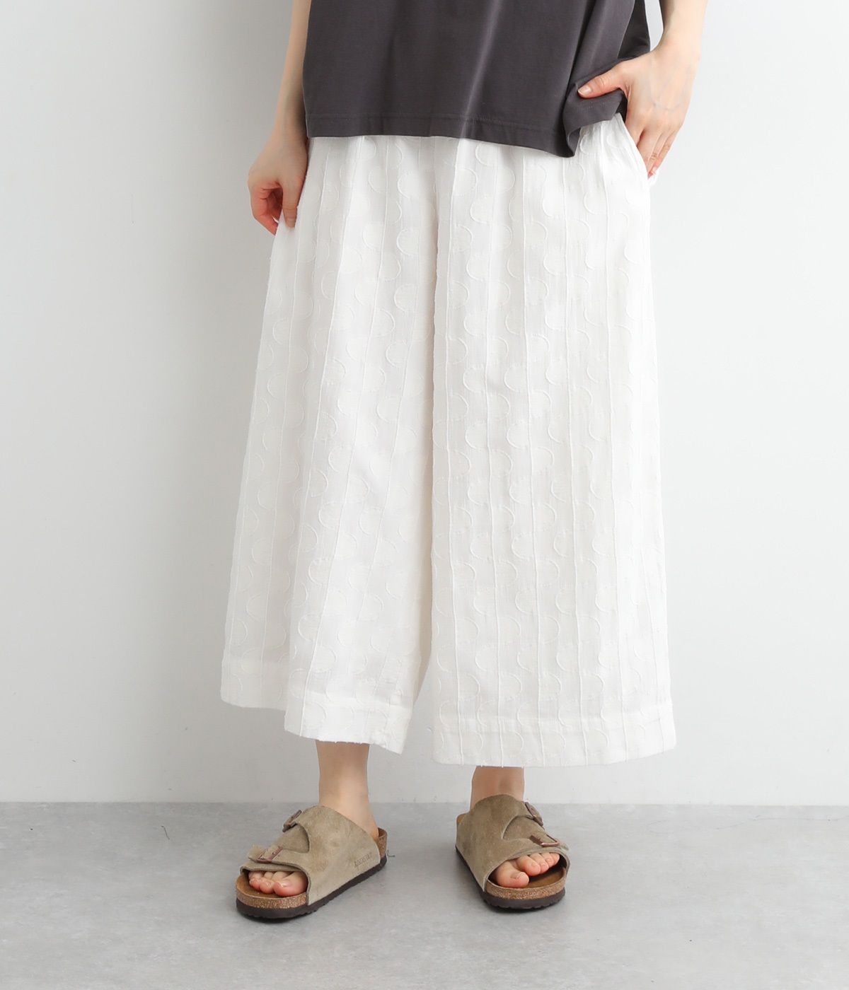コットンリネンジャカードパンツ(ホワイト-M)