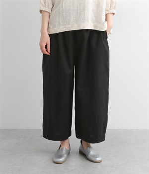 コットンリネンオックス裾タックパンツ(ブラック-L)