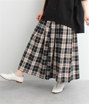 コットンオックスチェックタックワイドパンツ(ベージュ-L)