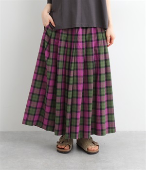 コットンオックスチェックタックワイドパンツ(パープル-L)