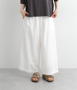 コットン刺繍レースワイドパンツ(ホワイト-M)