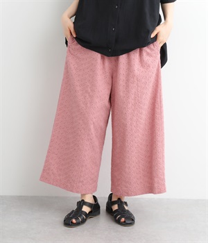 コットン刺繍レースワイドパンツ(ピンク-L)