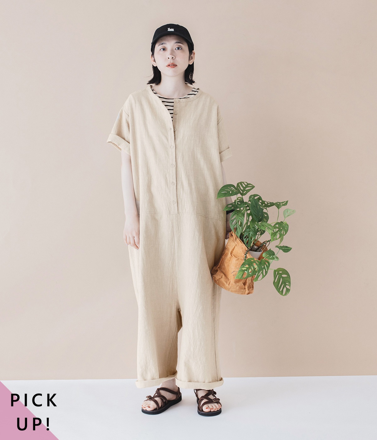 コットンくるみボタンのオールインワン(グレージュ-ONESIZE)