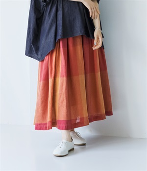 コットンリネンガーゼビッグチェックフレアスカート(レッド-L)