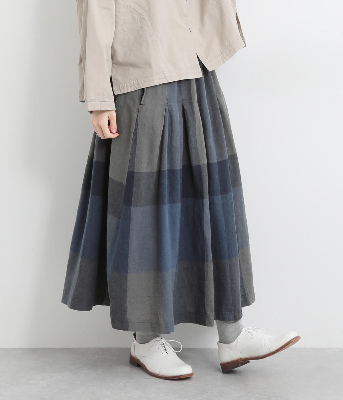 コットンリネンガーゼビッグチェックフレアスカート(ネイビー-M)