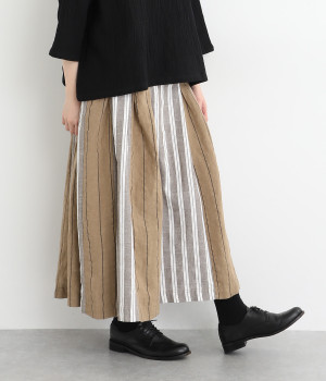 コットンリネンストライプギャザースカート(モカ-L)