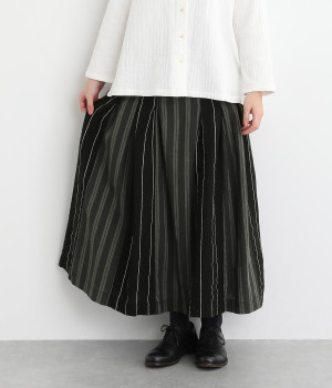 コットンリネンストライプギャザースカート(ブラック-L)