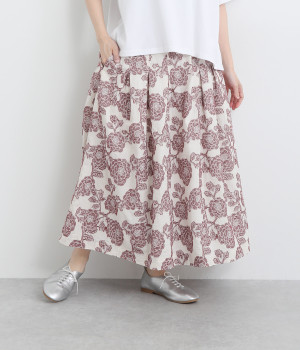 コットンレーヨンリネンフラワージャカードスカート(レッド-ONESIZE)