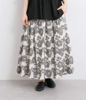 コットンレーヨンリネンフラワージャカードスカート(ブラック-ONESIZE)