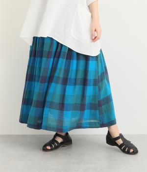 リネンコットンブロックチェックギャザースカート