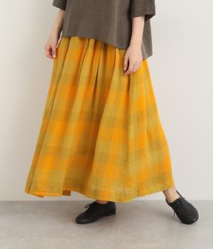 リネンコットンブロックチェックギャザースカート(マスタード-M)