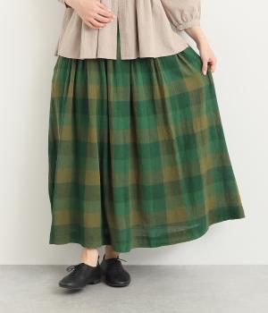 リネンコットンブロックチェックギャザースカート(グリーン-L)