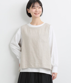 リネンオックス後ろスリットベスト(ベージュ-L)